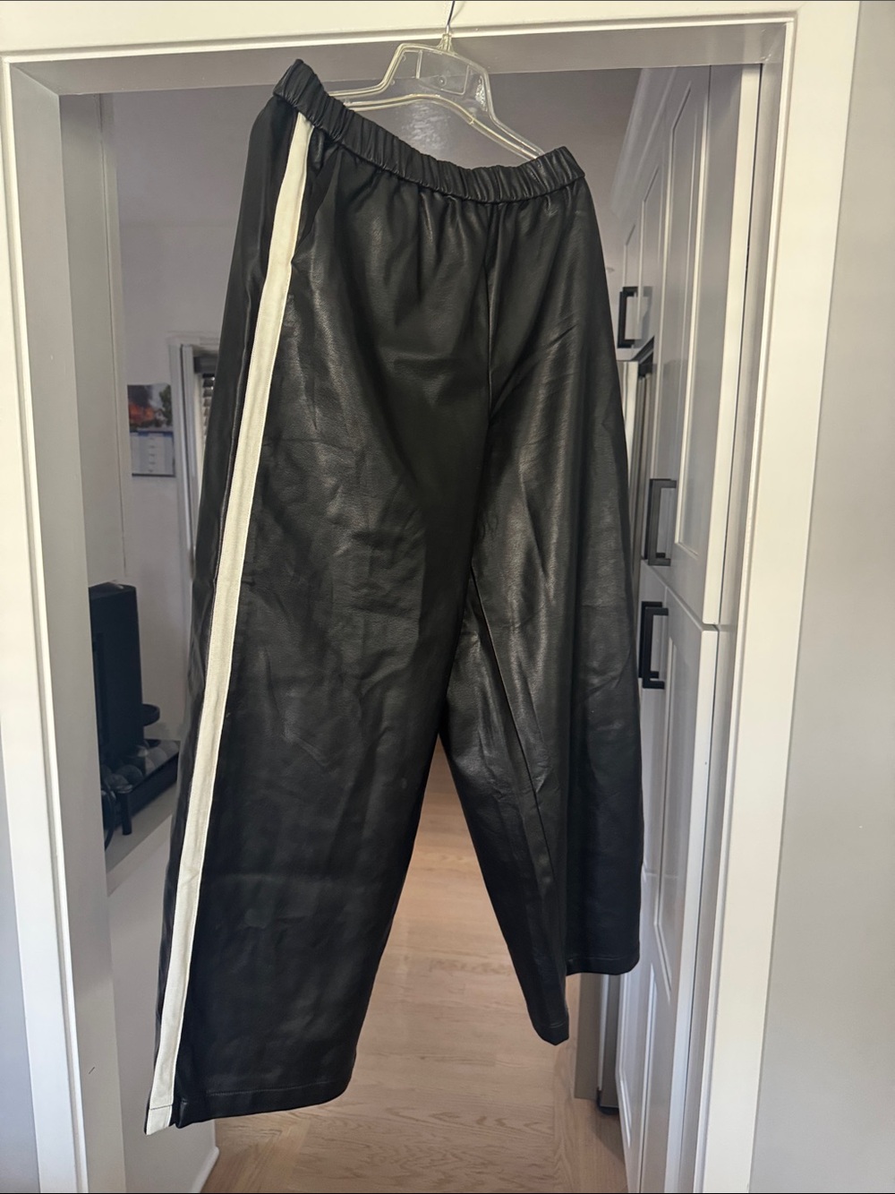 Maeve Black Faux Leather Wide-Leg Pants with White Side Stripe